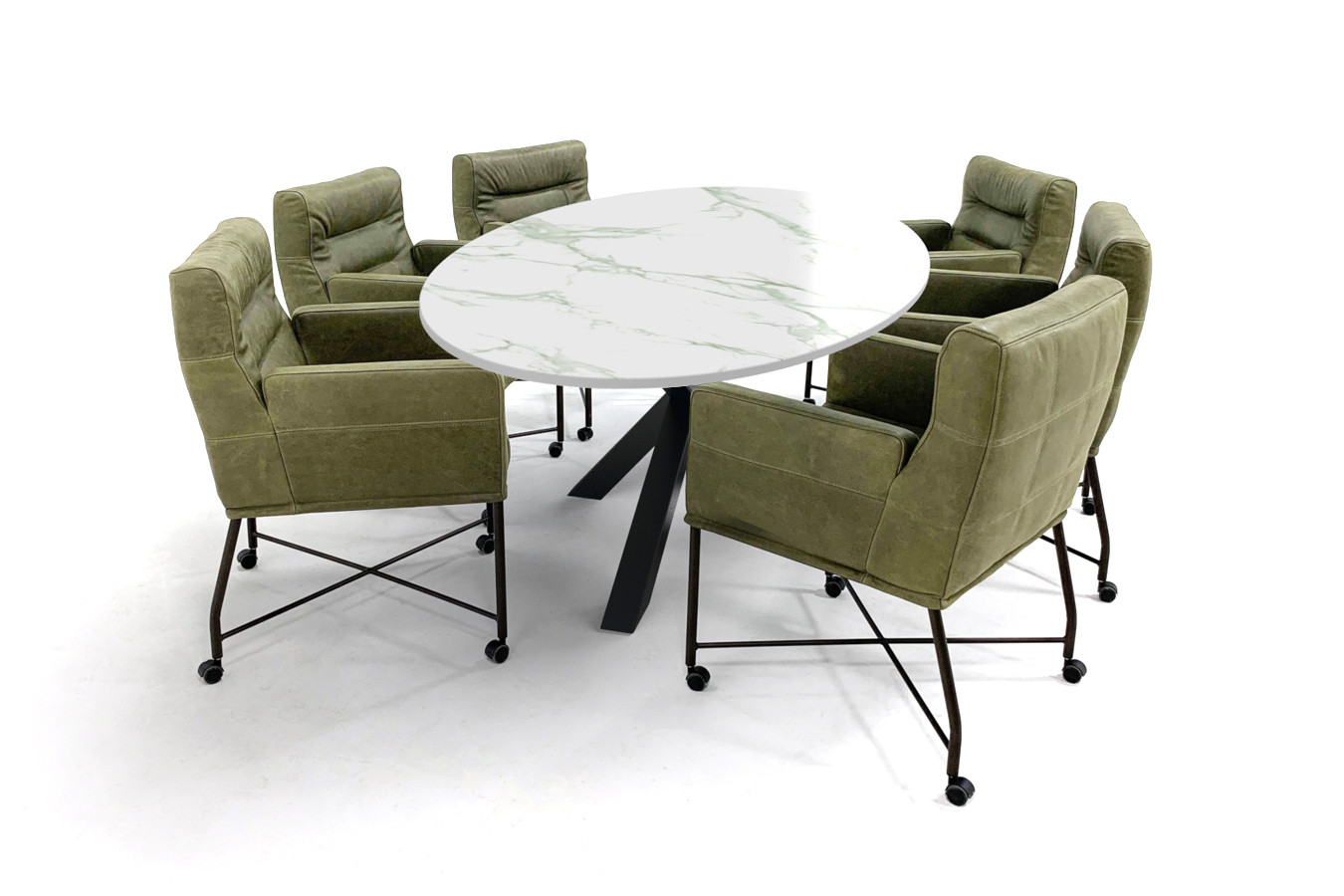 aardbeving Waarneembaar hoog Ovale tafel met Dekton Aura15 blad, matrixpoot en lederen stoelen met wielen