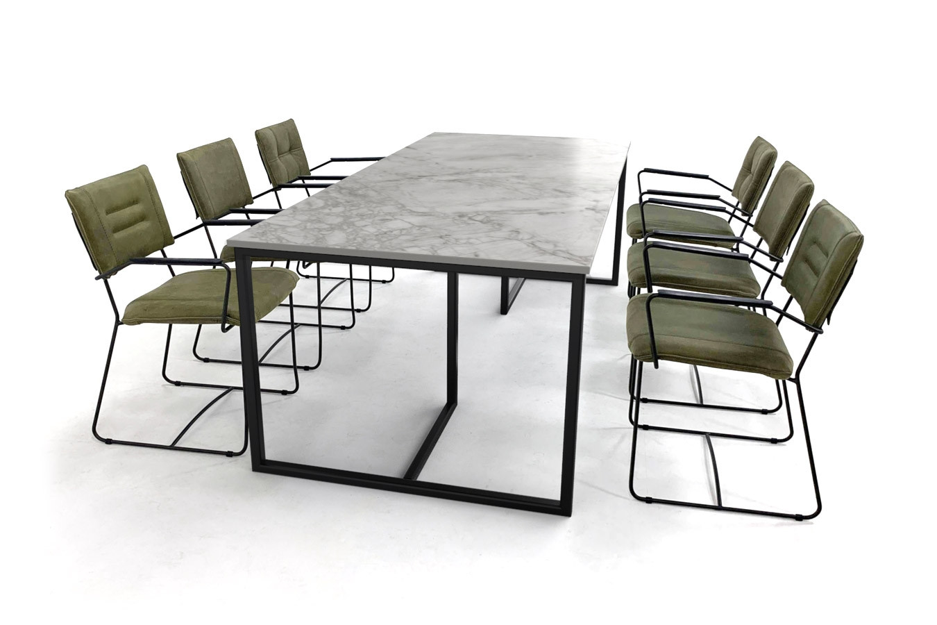 Marmerlook eettafel met trendy leren stoelen Eettafel sets